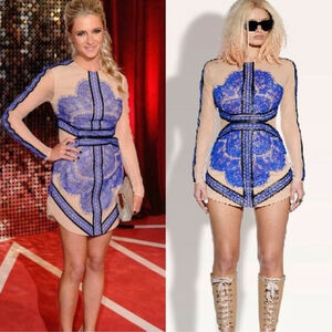 New THREE FLOOR CHINA Blue Lace Dress Nude Mesh famous popular celebrity